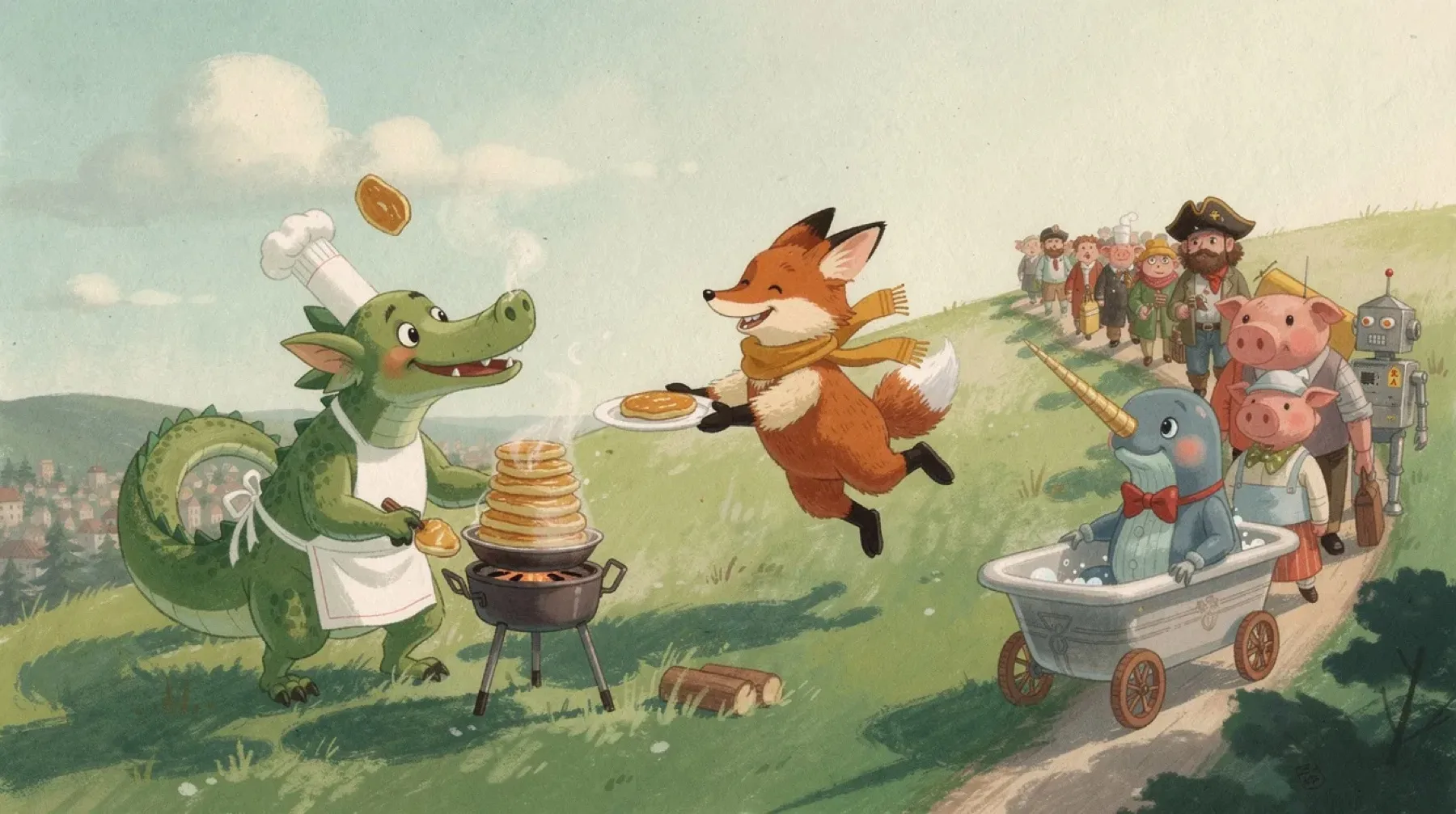 The dragon flips pancakes on the hill while the fox leaps in with a plate