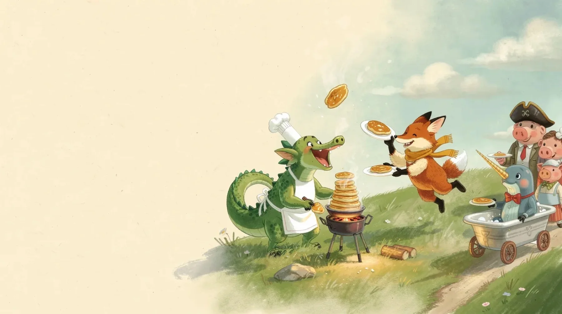 A green dragon in a chef's hat laughs as it flips a pancake over a camp stove on a hillside; a fox in a mustard scarf leaps to catch one on a plate, and a pig in a pirate hat and a narwhal in a bathtub on wheels wait with their plates