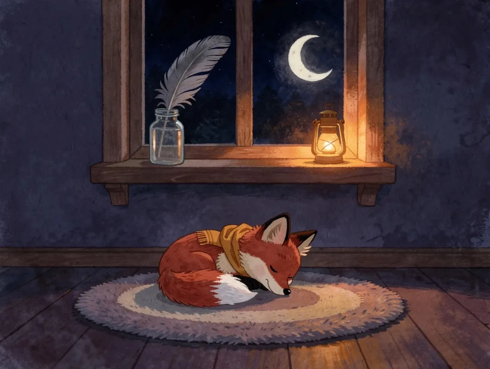 Pip the fox asleep on a round rug; the heron's feather stands in a jar on the moonlit windowsill