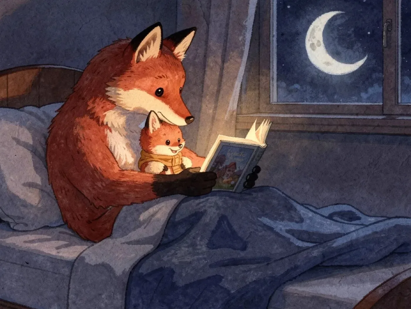 A parent fox reads a book to a small fox in bed