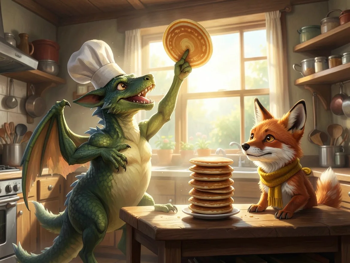 For age 9: the same scene with a scaly, winged dragon, a sharper-eyed fox and a kitchen full of shelves, pans and jars.