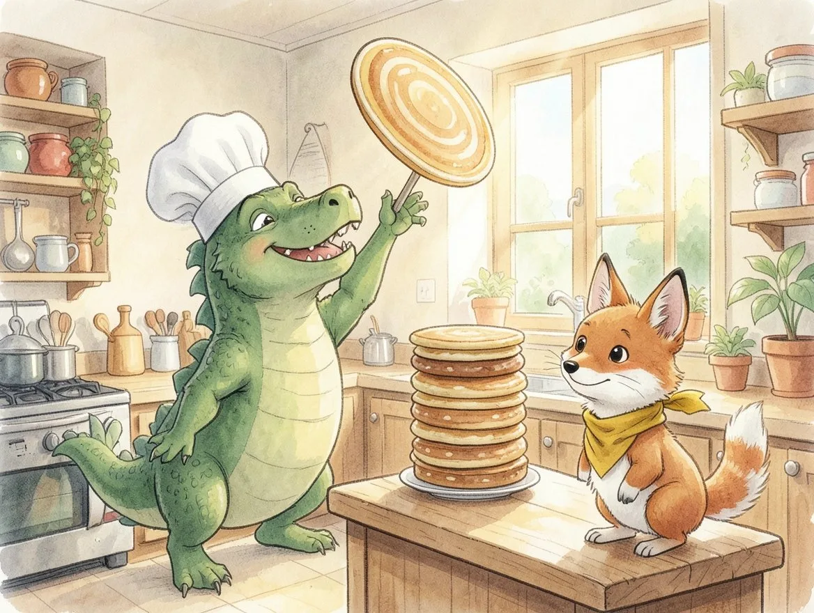 In storybook watercolour: a green dragon in a chef's hat flips a pancake while a fox in a mustard scarf watches